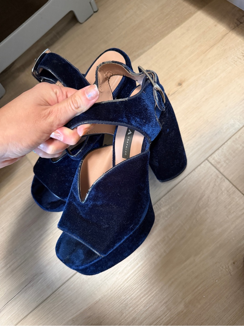 Velvet Platform Block Heel Sandals in Deep Navy